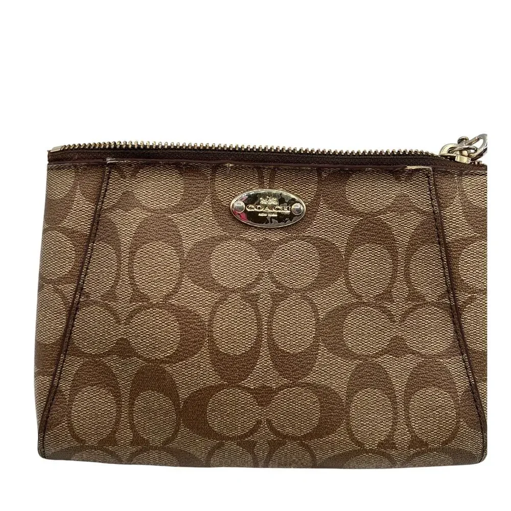 Coach Signature Monogram Brown Zip Pouch Morgan Canvas Wristlet Retro F65060